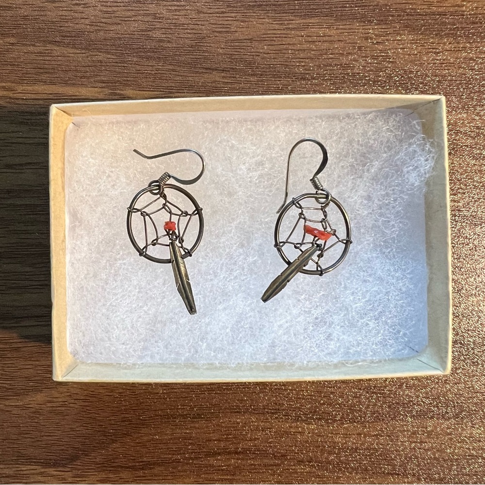 Adorable silver & orange dream catcher earrings